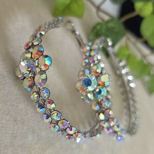 Large Silver with AB Rhinestone Hoop Earrings Center Flower